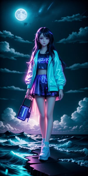 a young girl with neon light art, in the dark of night, moonlit seas, clouds, moon, stars, colorful, detailed, 4k, full body shot, detail face, ,
,,<lora:659111690174031528:1.0>