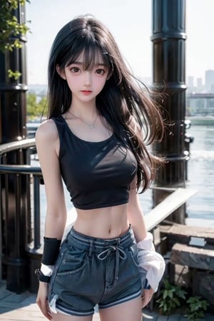 (medium full shot:1.4), Best quality,  masterpiece,  ultra high res,  (photorealistic:1.37),  raw photo,  a young girl named Nancy,  17 year old,  long hair in the wind,  grey eyes,  detailed eyes and face,  perfect pose, waist, blue short pants, crop top,   dynamic lighting,  in the dark,  deep shadow,  low key,  cinematic image, bright city,  floting city on the background., 
