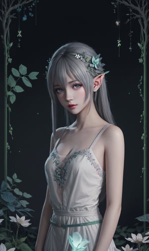 HDR, Ultra detailed illustration of a elf in a magical world full of wonders forest, unique luminous flora, highly detailed, pastel colors, digital art, art by Mschiffer, night, dark, grey bioluminescence, (darkness background:1.2), 1girl, white skin, pale skin,
