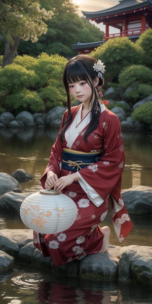 A serene moment captured: a young woman in traditional kimono kneels on a tranquil riverbank, her hands releasing a Toro nagashi into the gentle current as the warm sunlight softly illuminates her contemplative face amidst the Japanese-inspired patterns. The calm atmosphere is enhanced by the vibrant lanterns drifting lazily across the water's surface, their soft glow casting a peaceful ambiance.,watercolor style
