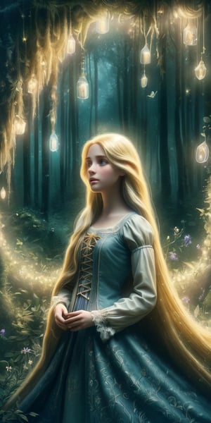 Ultra detailed illustration of a girl lost in a magical world full of wonders forest, highly detailed, digital art, art by Mschiffer, night, dark, 1girl,Holy light,1 girl, a girl named Rapunzel, (4 meters long hair:1.3), (glowing hair, luminesence blonde hair:1.2), ,rapunzel, full body shot, 