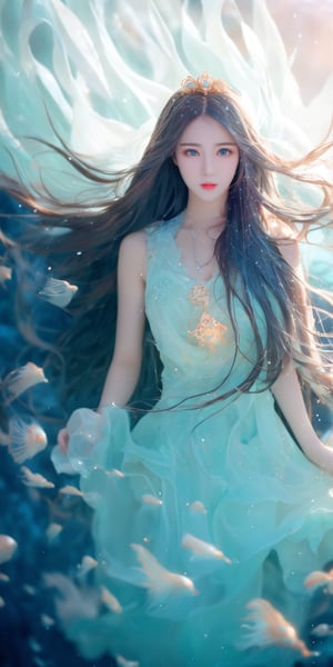 1girl, colossal, facial mark, light particles, depth of field, dark seas, water, underwater, sea foliage foreground, colorful, underwater cave, dripstone, stalactite, stalagmite, buccaneer, fur-trimmed cape, corals, sea anemone, sea weed, coral reef scenery, golden treasure, golden pile, water caustics, glowing jellyfish, bubbles, treasure chest, from above, close-up, highres, calca, blue-blonde hair, long hair, medium chest, ((extremely long hair)), very long hair, extra long hair, (((floating hair, flowing hair))) ,white tiara, white dress, blue eyes
,1 girl