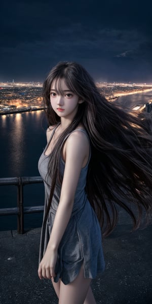 Best quality,  masterpiece,  ultra high res,  photorealistic,  (medium full shot:1.3),  raw photo,  a young girl,  17 year old,  long hair in the wind,  grey eyes,  perfect body pose,  dynamic lighting,  in the dark,  deep shadow,  cinematic image,  dark city,  floating city on the background.,