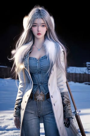 Best quality, masterpiece, ultra high res, photorealistic, (cowboy shot:1.3),  raw photo, a young girl, long white hair in the wind, grey eyes, perfect body pose, snow, winter, thick fur jacket, dynamic lighting, in the dark, deep shadow, cinematic image, dark city, floting city on the background.