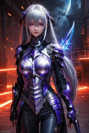 girl, purple eyes, long silver hair, sharp face, clever eyes, dual daggers, leather armor, full size picture,fight