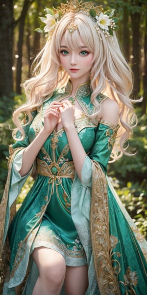 vibrant colors, female, masterpiece, sharp focus, best quality, depth of field, cinematic lighting, ((solo, one woman )), (illustration, 8k CG, extremely detailed), masterpiece, ultra-detailed, Hair length: Medium and wavy  white Hair color: Emerald green Eye color: Shiny gold Clothes: Green tunic with floral decorations, flower crown on the head. This figure stood in the heart of the Fairy Woods, with medium, wavy white hair that blended harmoniously with the enchanted atmosphere of the place. The bright gold eyes shone with magic and wonder at the beauty of the surrounding nature. She wore a green tunic with floral decorations and a crown of flowers on her head, completely immersing herself in the tranquility and harmony of the fairy forest. dynamic pose puffing out the chest, (((arching the chest))), 
 fine Detail, hands up, armpit, 
