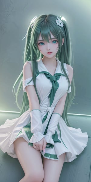 (((8k, best quality, masterpiece:1.2),(best quality:1.0), (ultra highres:1.0))), realistic, RAW, a beautiful loli,  17 years old,  ((hair clips)),((green white sailor uniform, school uniform, tie, small round breast)), from head to waist, extremely luminous bright design, neon lights, long hair,  amazing eyes, details eyes, (((dynamic pose))), ((dark blue background)), ,<lora:659111690174031528:1.0>