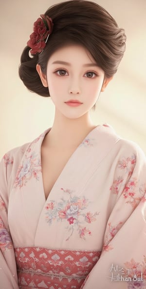 A very beautiful girl looking at viewer, kimono, light theme, front view, upper body, masterpiece quality, stunning image, digital art, professional style, pretty detailed, perfect anatomy, Sumi-e,洛可可藝術,绝美之作。,Una