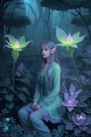 Ultra detailed illustration of a elf lost in a magical world full of wonders forest, unique luminous flora, highly detailed, pastel colors,  digital art, art by Mschiffer, night, dark, grey bioluminescence, darkness background, 1girl