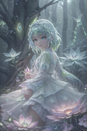 Ultra detailed illustration of a girl lost in a magical world full of wonders forest, (unique luminous flora never seen before:1.4), highly detailed, solid colors,  digital art, art by Mschiffer, night, dark, bioluminescence,1girl