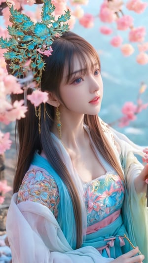 (masterpiece, top quality, best quality, official art, beautiful and aesthetic:1.2), (1girl), extreme detailed,(abstract, fractal art:1.3), shoulder, fair skin, cute fang, open mouth, highest detailed, detailed_eyes, light_particles, hanfu,jewelry, sexy, blue ,soft green, soft pink , yellow, medium shot, upper body shot, long brown hair, bangs, ,photo r3al,photo_b00ster,daxiushan