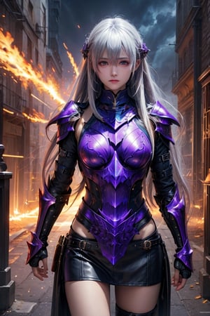 girl, purple eyes, long silver hair, sharp face, clever eyes, dual daggers, leather armor, full size picture,fight