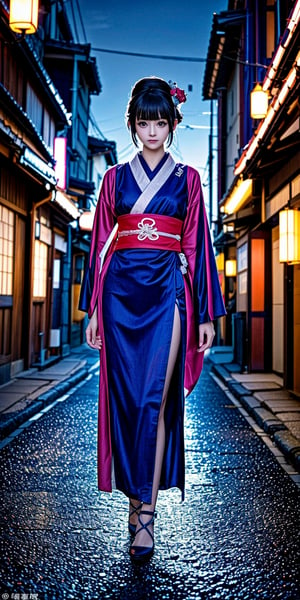 A stunning Japanese beauty stands poised in a futuristic Kyoto street at dusk, her kimono radiating bioluminescent threads that softly illuminate the neon-lit surroundings. Her geisha-inspired updo features intricate kanzashi accents shimmering in harmony with digital panels on nearby temples. The evening sky is filled with flying vehicles, their reflections casting dynamic patterns on the pavement below. In the foreground, interactive stalls glow with vibrant holograms of traditional and modern goods, adding a touch of futuristic flair to this captivating scene.