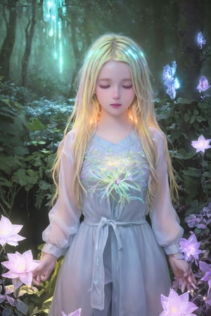 HDR, realistic image, Ultra detailed illustration of a girl lost in a magical world full of wonders forest, (unique luminous flora never seen before:1.4), highly detailed, pastel colors,  digital art, night, dark, bioluminescence,1girl,  (glowing blonde hair:1.4), 