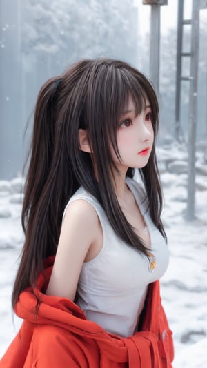 professional studio photo, upper body, a cute 17yo girl, elite model,  A short-haired girl standing in the snow, Red Coat, head up,breeze blowing hair, snow, snowflakes, depth of field, telephoto lens, messy hair, (close-up) , (sad) , sad and melancholy atmosphere, reference movie love letter, profile, head up, ((floating)) bangs or fringes of hair, eyes focused, half-closed, center frame, bottom to top,  
,1 girl,Enhance