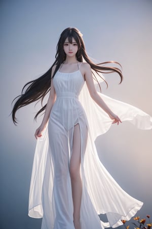 (8k, best quality, masterpiece:1.2),(best quality:1.0), (ultra highres:1.0), hyper realistic image of a stunning woman with long hair, a beautiful goddess, ((extremely luminous bright design)), autumn lights, (((long hair, floating hair by the wind))), floating city at horizon, smog, fog, (((wearing a sheer, long dress, white))), ((medium shot, upper body, portrait)), medium breast, ,more detail XL,style,,<lora:659111690174031528:1.0>