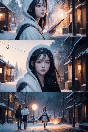 a woman, light snow falling, romantic atomsphere, intricate brush strokes, beautiful lighting, Color Grading, Unreal Engine, creative, expressive, stylized anatomy, digital art, Adobe Photoshop, well-developed concept, distinct personality, consistent style, 