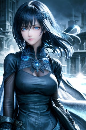 Best quality, masterpiece, ultra high res, (photorealistic:1.37), final fantasy styles, a young and serious woman, long black dark hair in the wind, blue eyes, detailed eyes and face, perfect anatomy. Medium round breast. perfect fingers. work cloths with intricate details, dynamic lighting, in the dark, deep shadow, low key, cinematic image,bright city, floting city on the background. 