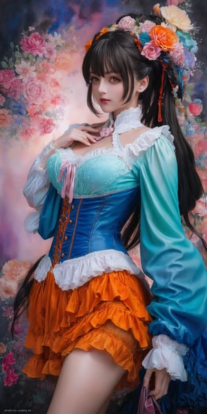 In a stunning watercolor painting, side view, Her long legs and toned physique are showcased in high definition. The Victorian blouse, with swirling colors of orange, black, blue, and pink, hugs her curves. As she approaches perfection, her gaze meets the viewer's, exuding confidence and allure. Sharp focus and intricate details bring this digital artwork to life on Artstation, a concept piece that rivals 8K quality, blending surrealism and watercolor techniques in a masterclass of artistry.