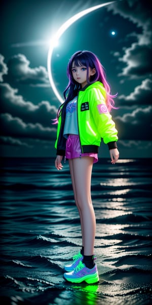 a young girl with neon light jacket, in the dark of night, moonlit seas, clouds, moon, stars, colorful, detailed, 4k, full body shot, detail face,  pov from below, 
,,<lora:659111690174031528:1.0>