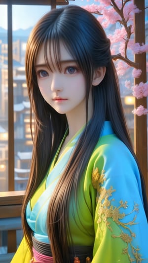 (masterpiece, top quality, best quality, official art, beautiful and aesthetic:1.2), (1girl), extreme detailed,(abstract, fractal art:1.3),highest detailed, detailed_eyes, light_particles, hanfu,jewelry, sexy, blue ,soft green, soft pink , yellow, medium shot, upper body shot, long brown hair, bangs, ,photo r3al,photo_b00ster