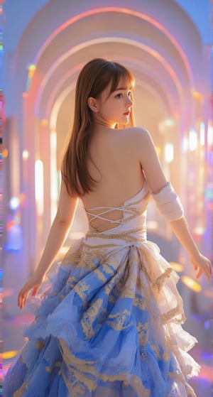 A young girl with long, brown hair flows like a river down her back as she strikes a dramatic pose in the center of the frame. She wears a stunning blue, gold, and white dress that undulates like waves, exuding beauty and elegance. Against a radiant holographic background that shimmers like a rainbow at sunset, her figure is highlighted against the vibrant colors. The 8K photograph captures every detail of this Una-inspired scene, as if it's frozen in time.