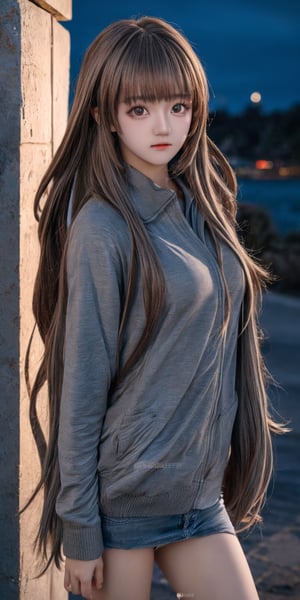 Best quality,  masterpiece,  ultra high res,  photorealistic,  (medium full shot:1.3),  raw photo,  a young girl,  17 year old,  long hair in the wind,  grey eyes,  perfect body pose,  dynamic lighting,  in the dark,  deep shadow,  cinematic image,  