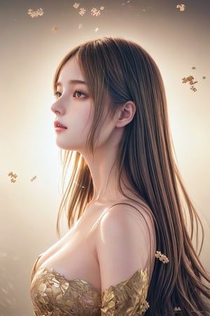 Softbox studio lighting casts a warm glow on the hyperrealistic digital artwork, featuring a female model composed of intricately detailed puzzle pieces. Her serene expression contrasts with the dynamic disassembly of her right side, as fragments scatter into the air. The subtle color palette of natural tones emphasizes the surreal nature of the scene.