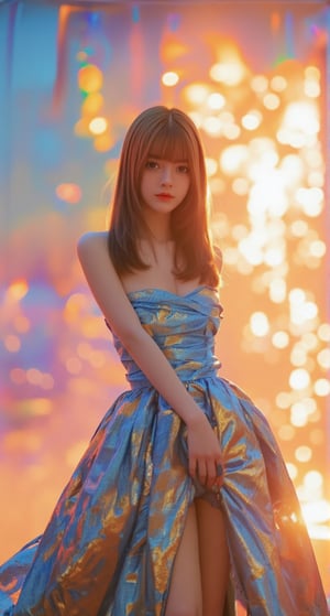 A young girl with long, brown hair flows like a river down her back as she strikes a dramatic pose in the center of the frame. She wears a stunning blue, gold, and white dress that undulates like waves, exuding beauty and elegance. Against a radiant holographic background that shimmers like a rainbow at sunset, her figure is highlighted against the vibrant colors. The 8K photograph captures every detail of this Una-inspired scene, as if it's frozen in time.