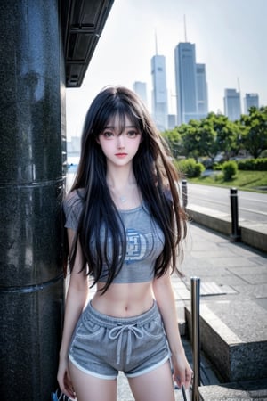 (medium full shot:1.4), Best quality,  masterpiece,  ultra high res,  (photorealistic:1.37),  raw photo,  a young girl named Nancy,  17 year old,  long hair in the wind,  grey eyes,  detailed eyes and face,  perfect pose, waist, blue short pants, crop top,   dynamic lighting,  in the dark,  deep shadow,  low key,  cinematic image, bright city,  floting city on the background., 
