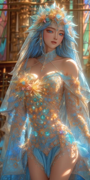 In a softly lit, stained glass church, a majestic princess stands out against the blurred kaleidoscope background. Her glowing blue gemstone tiara adorns her golden locks, which flow like honey in the warm light. Her jewel-like blue eyes sparkle with an otherworldly intensity. The off-shoulder light blue dress features intricate white lace and shimmering blue beads on the chest, creating a sense of ethereal elegance. 8K resolution brings forth every detail, from the gentle curves of her face to the subtle definition in her piercing gaze and the soft folds of her gown. slim body,beaded flower decoration