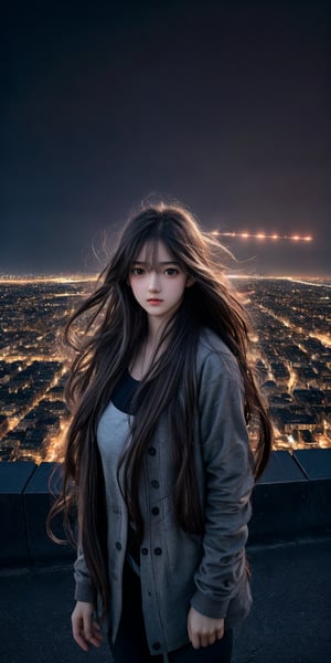 Best quality,  masterpiece,  ultra high res,  photorealistic,  (medium full shot:1.3),  raw photo,  a young girl,  17 year old,  long hair in the wind,  grey eyes,  perfect body pose,  dynamic lighting,  in the dark,  deep shadow,  cinematic image,  dark city,  floating city on the background.,