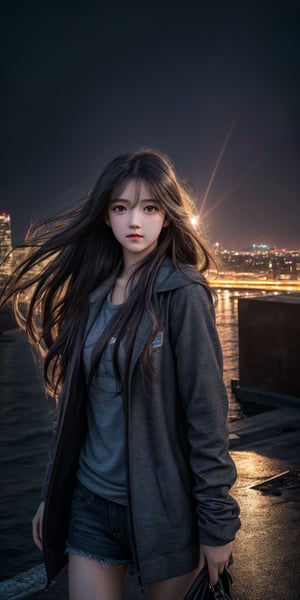 Best quality,  masterpiece,  ultra high res,  photorealistic,  (medium full shot:1.3),  raw photo,  a young girl,  17 year old,  long hair in the wind,  grey eyes,  perfect body pose,  dynamic lighting,  in the dark,  deep shadow,  cinematic image,  dark city,  floating city on the background.,