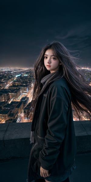 Best quality,  masterpiece,  ultra high res,  photorealistic,  (medium shot:1.3),  raw photo,  a young girl,  17 year old,  long hair in the wind,  grey eyes,  perfect dynamic pose,  in the dark,  deep shadow,  cinematic image,  dark city,  floating city on the background.,