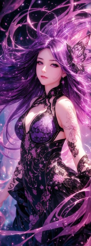 A stunning girl with vibrant purple hair and piercing ruby eyes dominates the frame, her confident pose drawing the viewer's gaze. Amidst a swirling vortex of inky stars, she gazes directly at the camera, her full figure exuding self-assurance. Dynamic movement fills the air, as if passion has taken physical form, pouring forth like ink rain. In the background, delicate orchids float amidst suspended bubbles of ink, adding whimsy to this masterfully crafted digital artwork.