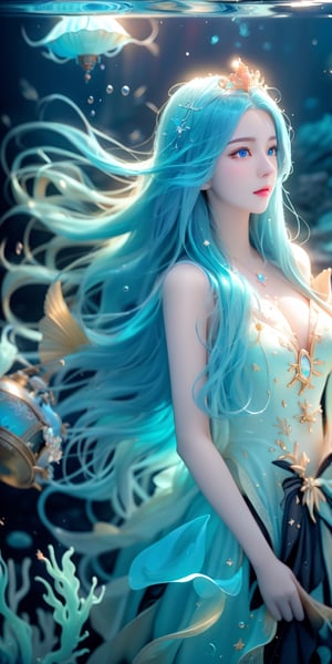1girl, colossal, facial mark, light particles, depth of field, dark seas, water, underwater, sea foliage foreground, colorful, underwater cave, dripstone, stalactite, stalagmite, buccaneer, fur-trimmed cape, corals, sea anemone, sea weed, coral reef scenery, golden treasure, golden pile, water caustics, glowing jellyfish, bubbles, treasure chest, from above, close-up, highres, calca, blue ((blonde hair)), long hair, medium chest, ((extremely long hair)), very long hair, extra long hair, (((floating hair, flowing hair))) ,white tiara, white dress, blue eyes
,1 girl