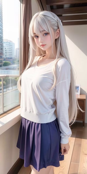 (masterpiece, best quality, highres:1.3), ultra resolution image, (1girl), (solo), ((20 years old)), kawaii, white hair, long flowing hair, bangs, purple eyes, gentle breeze, (soft sunlight:1.3), happy, white shirts, long sleeved, navy color tennis skirt, alone, realistic hand, perfect anatomy, 1 girl,scenery, front view, white background, looking at viewer, 