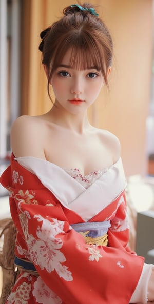 A very beautiful girl looking at viewer, kimono, light theme, front view, upper body, masterpiece quality, stunning image, digital art, professional style, pretty detailed, perfect anatomy, Sumi-e,洛可可藝術,绝美之作。,Una