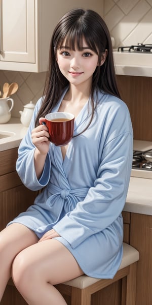 A serene suburban morning scene: Ruan, the adorable VTuber, sits cozily in her kitchen donning a soft bathrobe and matching pajama set, her messy hair a gentle frame for her warm smile. As she pours steaming tea into a delicate cup, Orshi Drozdik's airbrush painting brings forth intricate details and perfect coloring in this ultra-realistic, UHD 128k masterpiece.