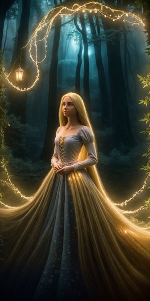 Ultra detailed illustration of a girl lost in a magical world full of wonders forest, highly detailed, digital art, art by Mschiffer, night, dark, 1girl,Holy light,1 girl, a girl named Rapunzel, (4 meters long hair:1.3), (glowing hair, luminesence blonde hair:1.2), ,rapunzel, full body shot, long legs