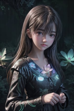 Ultra detailed illustration of a girl lost in a magical world of wonders, glowy, bioluminescent flora, incredibly detailed, pastel colors, handpainted strokes, visible strokes, digital art, art by Mschiffer, night, dark,  bioluminescence