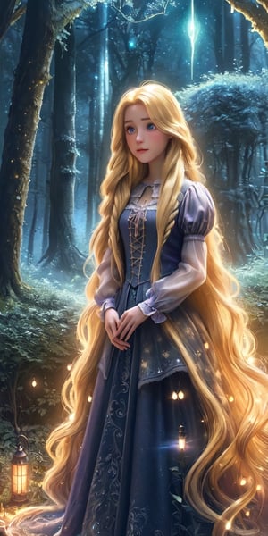 Ultra detailed illustration of a girl lost in a magical world full of wonders forest, highly detailed, digital art, art by Mschiffer, night, dark, 1girl,Holy light,1 girl, a girl named Rapunzel, (4 meters long hair:1.3), (glowing hair, luminesence blonde hair:1.2), ,rapunzel, full body shot, 