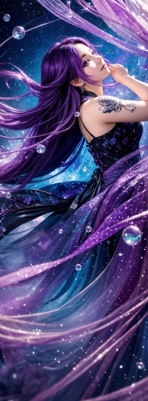 A stunning girl with vibrant purple hair and piercing ruby eyes dominates the frame, her confident pose drawing the viewer's gaze. Amidst a swirling vortex of inky stars, she gazes directly at the camera, her full figure exuding self-assurance. Dynamic movement fills the air, as if passion has taken physical form, pouring forth like ink rain. In the background, delicate orchids float amidst suspended bubbles of ink, adding whimsy to this masterfully crafted digital artwork.