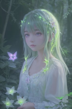 Ultra detailed illustration of a girl lost in a magical world full of wonders forest, (unique luminous flora never seen before:1.4), highly detailed, pastel colors,  digital art, art by Mschiffer, night, dark, bioluminescence,1girl