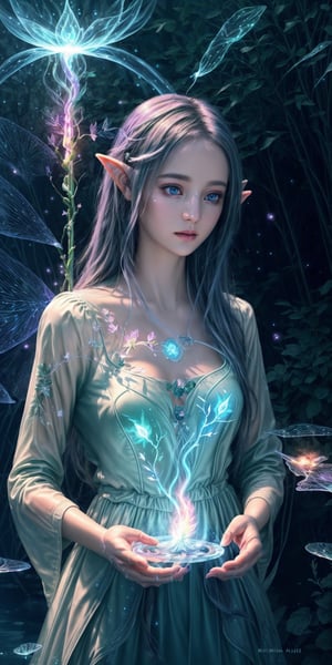 Ultra detailed illustration, a beautiful elf lost in a magical world full of wonders, unique luminous flora, highly detailed, pastel colors,  digital art, art by Mschiffer, night, dark, bioluminescence, (magical aura , spell, fire, circle,  water, ice, fire, lightning, light_particles:1.2)