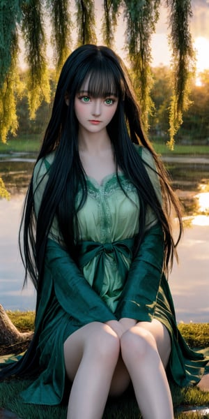 A hyperrealistic painting of a young woman with long, flowing, raven-black hair sitting alone under a weeping willow tree during a torrential downpour. Her emerald green eyes are filled with sorrow as she gazes down at her hands, which are wrapped tightly around her knees. The soft, ethereal light of a setting sun casts long shadows on the ground, creating a dramatic and moody atmosphere.