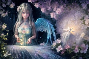 Ultra detailed illustration of an angel lost in a magical world full of wonders, unique luminous flora never seen before, highly detailed, pastel colors,  digital art, art by Mschiffer, night, dark, bioluminescence