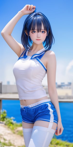 photography, hyper realistic photo, high resolution, a beautiful gril,  innocent, smooth lighting, cinematic image, outdoor, (blue sky:1.3), dynamic pose, natural face, long legs, white shirt, short blue pants,una, black shiny hair, slim, short hair, messy hair, 