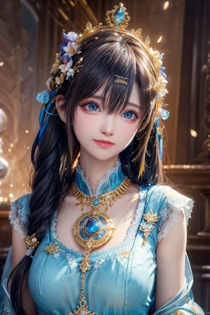 In this dazzling and spirited portrait, a young woman is gracefully portrayed with an array of delicate flowers interwoven into her long, flowing hair. She gazes confidently at the viewer, her mesmerizing blue eyes accentuated by subtle, tasteful makeup. The woman dons a regal crown adorned with large, intricately detailed flowers that harmonize with the smaller blossoms in her hair. She is decked out in an array of resplendent gold jewelry that shimmers in the light, including a stunning medallion featuring a captivating blue gemstone at its heart.