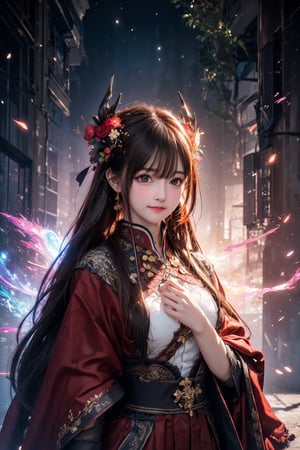 (masterpiece,  top quality,  best quality,  official art,  beautiful and aesthetic:1.2),  medium full shot, (1girl), young girl,  hanfu girl, extreme detailed, (abstract,  fractal art:1.3), colorful hair, highest detailed,  detailed_eyes,  fire dragon,  water,  ice,  lightning,  light_particles,  ,midjourney